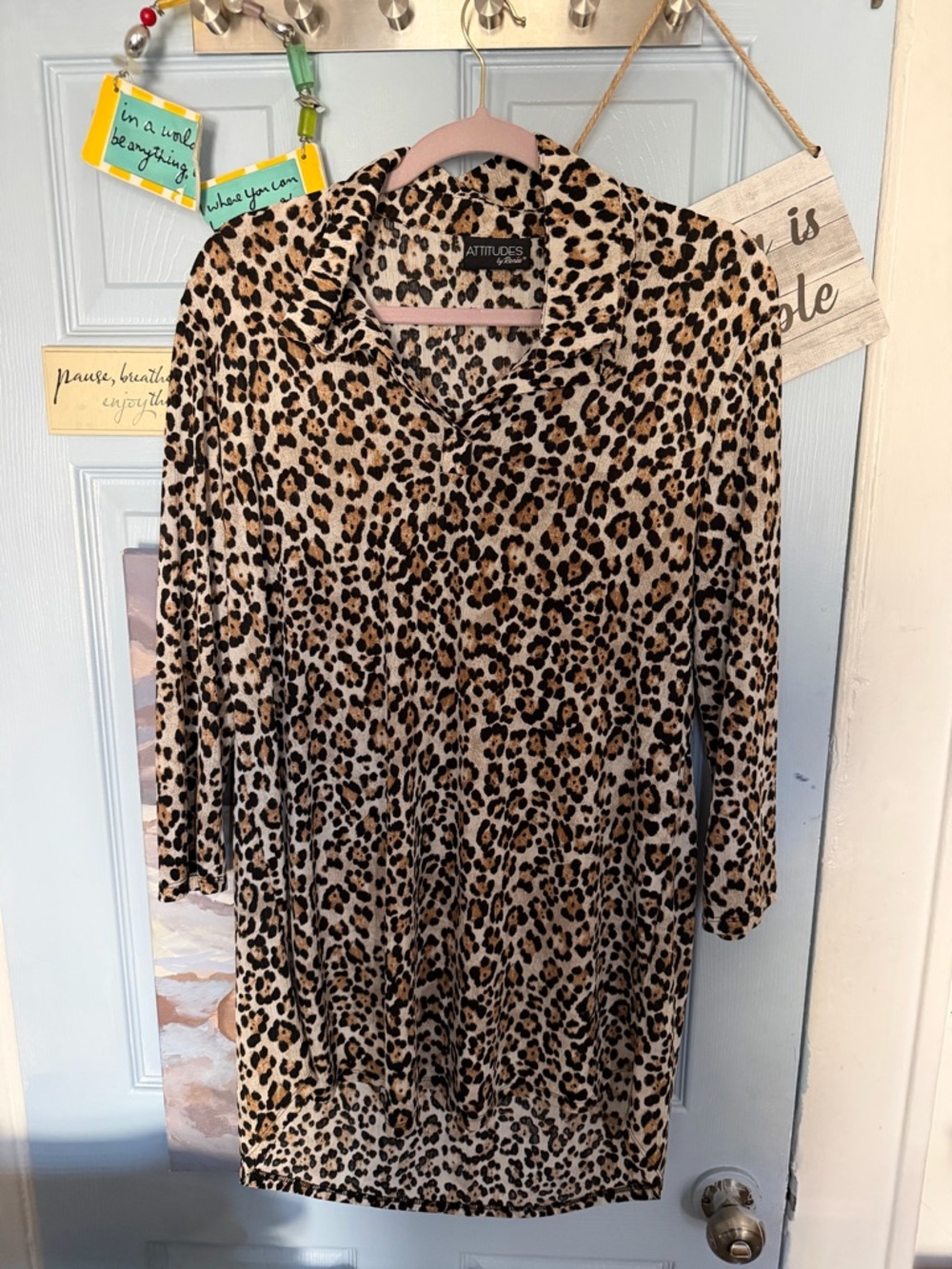 Attitudes by Renee Leopard Print Collared Shirt - Beige, Black & Brown